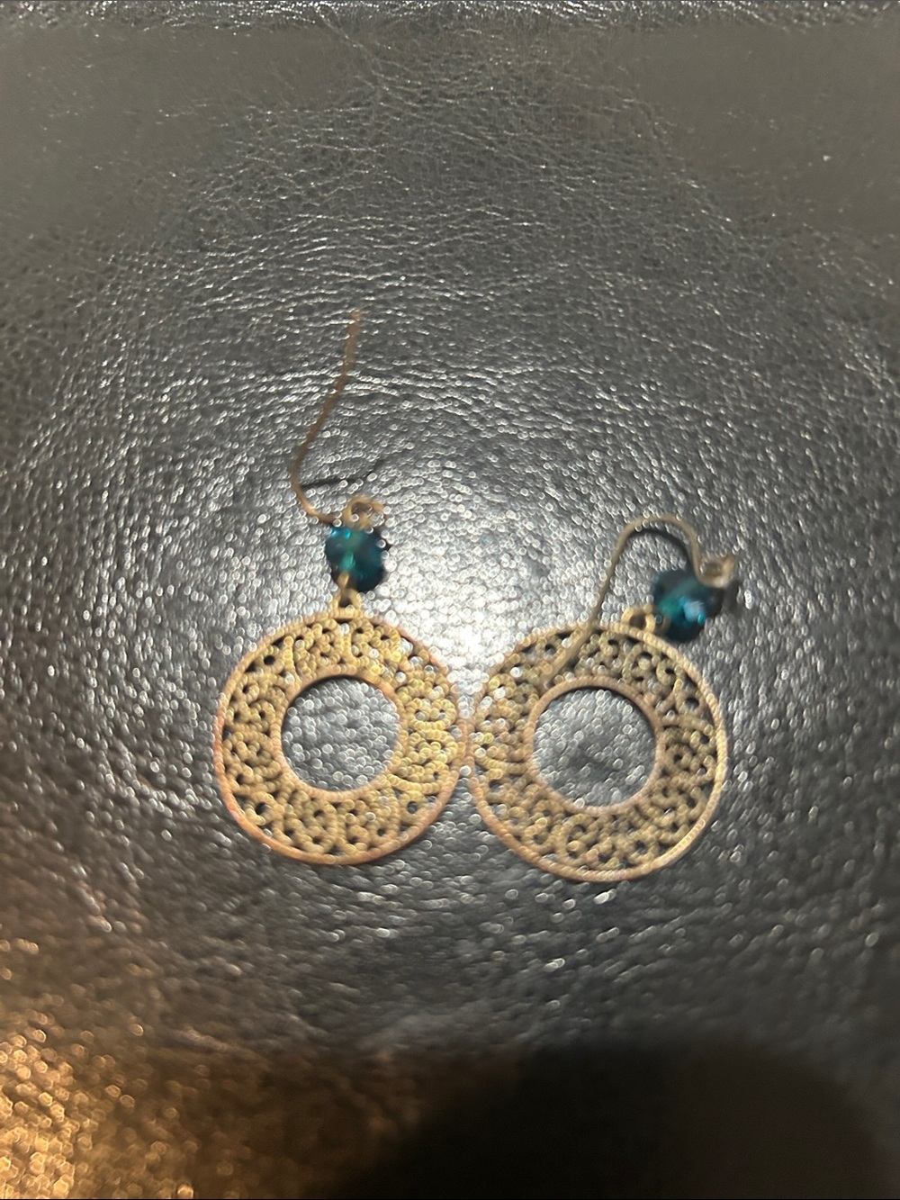 Gold Filigree Circle Drop Earrings with Teal Bead